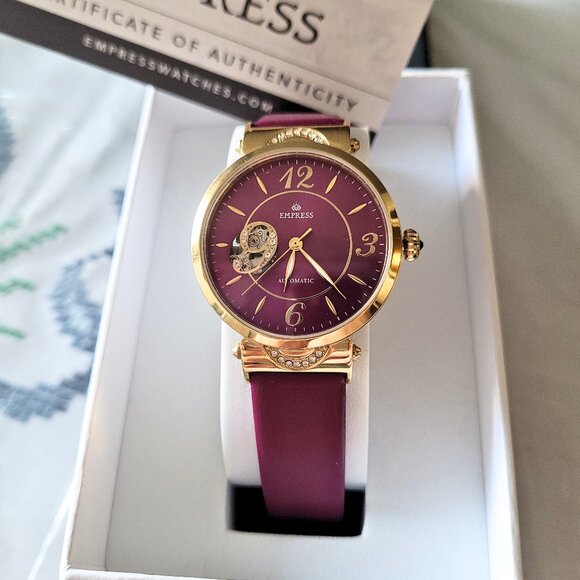 Empress Women's Automatic Semi-Skeleton Purple Leather Watch - Picture 1 of 10